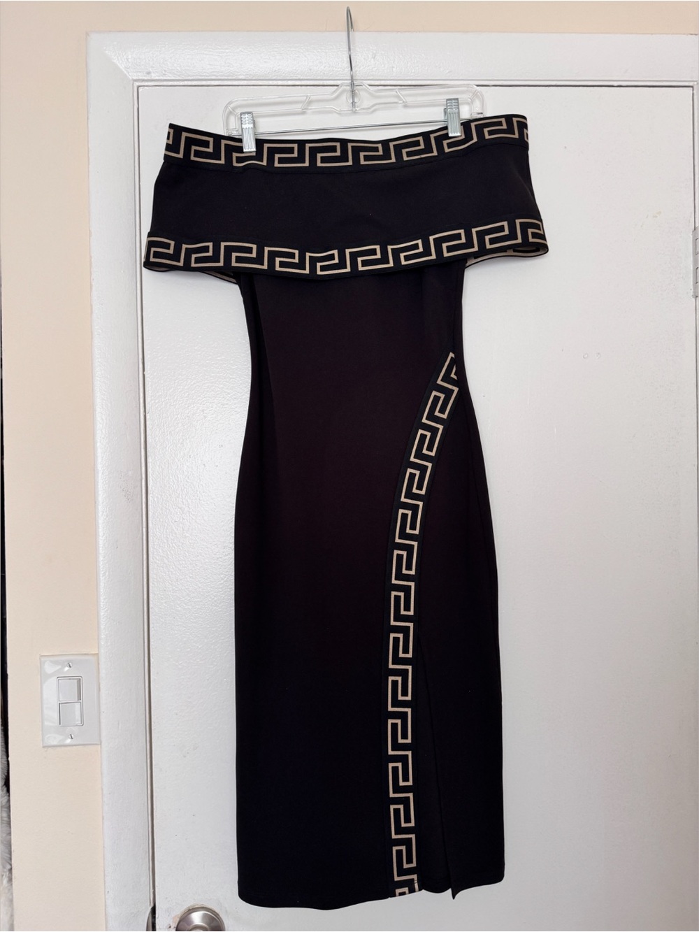 Donatella Off-Shoulder Black Midi Bandage Dress with Gold Greek Key Trim